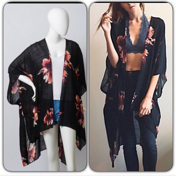 Boho Chic Black Floral Kimono With Armholes - Picture 7 of 8